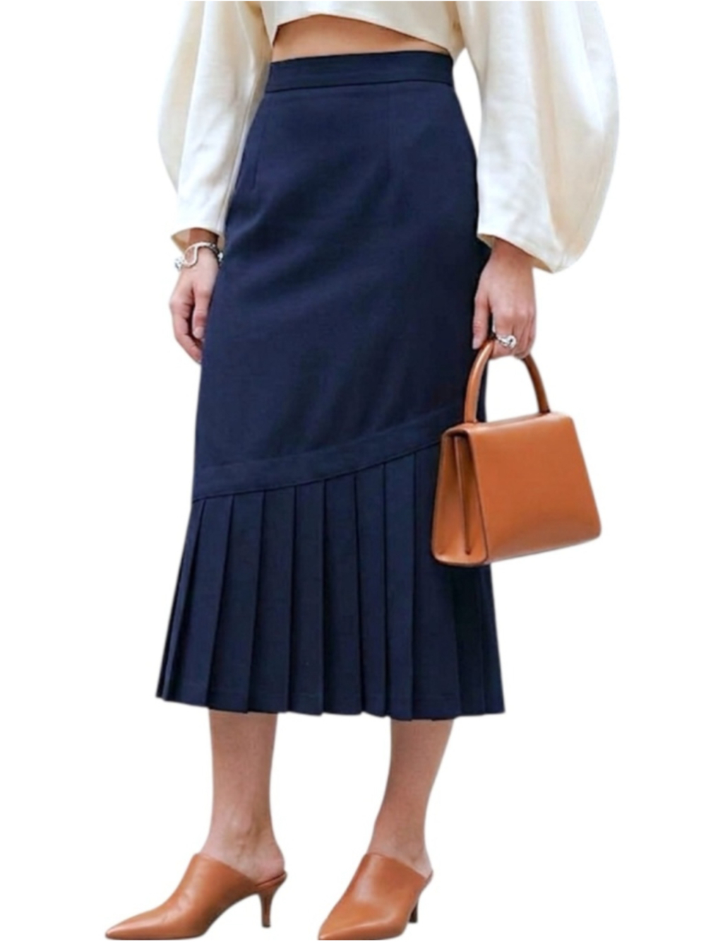 VTG 70s 80s wool blend asymmetrical pleated dark blue old money midi skirt 10
